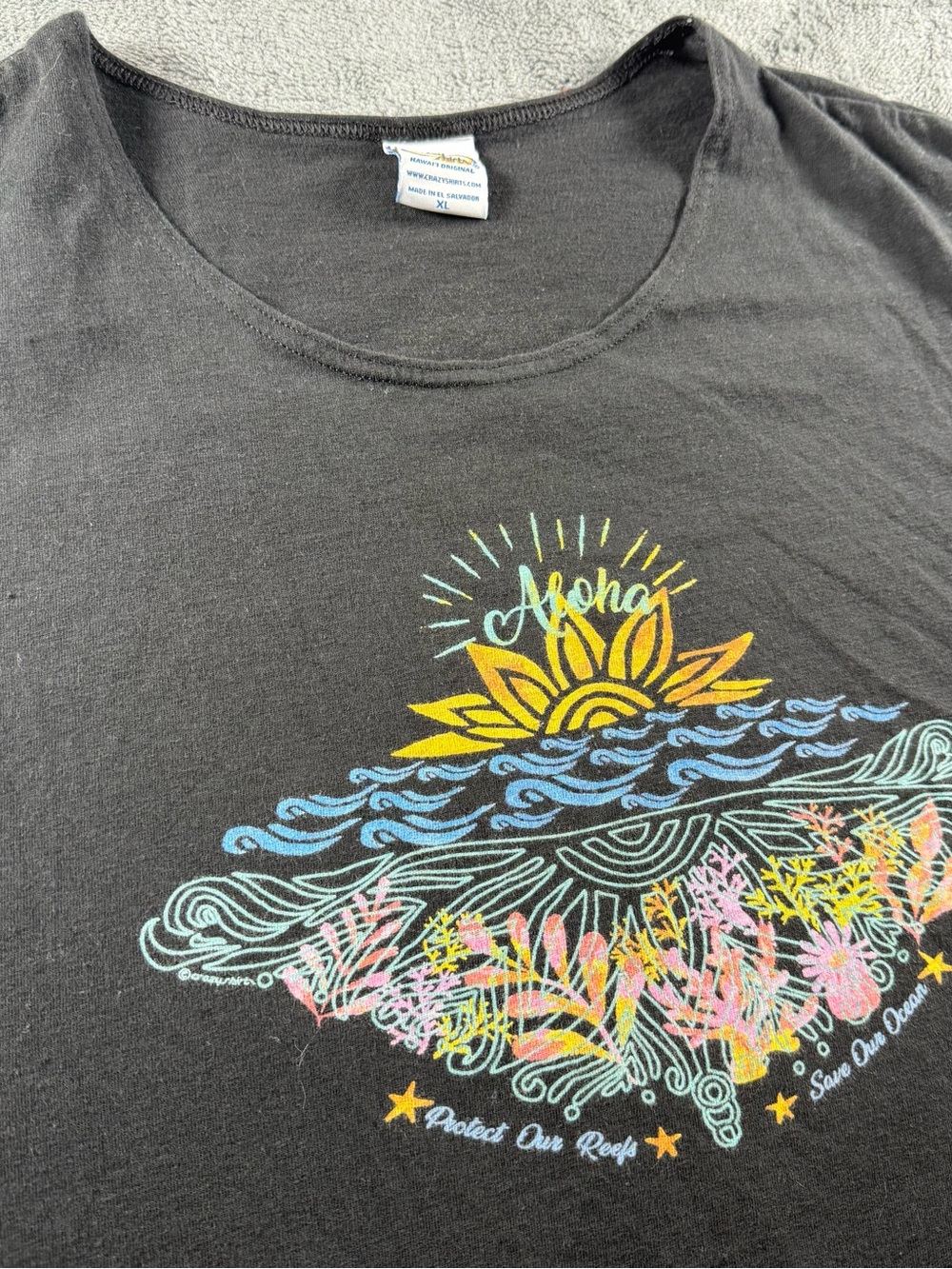 Crazy Shirts Protect Our Reefs T-Shirt Women’s XL Black Coral Waves Surf Graphic